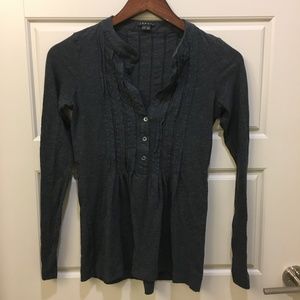 Theory Dark Gray Pleated LS Button V Neck Blouse S